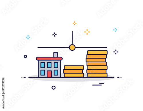 Market equilibrium macroeconomic stability icon featuring a small building and coin stack aligned symmetrically under a central horizontal line. The scene