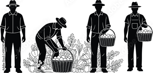 Black silhouette illustration of farmers harvesting crops with baskets, teamwork in agriculture labor design showing rural farming produce collection and traditional work