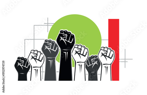 Black and white raised fists of teammates forming upward pattern, strong lime green circle centered behind, contrasting red vertical accent block to one side,