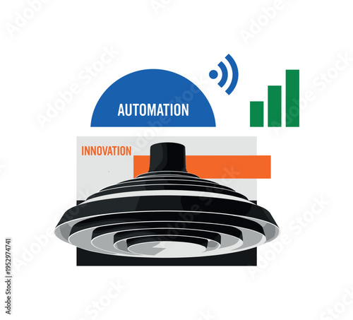 Black and white ceiling light controlled by smart system, cobalt blue semicircle above lamp symbolizing automation, forest green vertical bars referencing