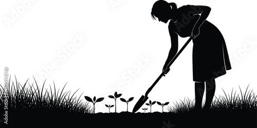 Black silhouette illustration of gardener digging soil with shovel near young plants, agriculture labor design symbolizing rural farming, sustainability and plant care