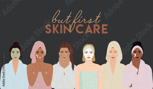 Illustration of multicultural women with facial skin care routine. Home spa concept, self-care ritual, home facial treatment and wellness lifestyle. Hand drawn vector illustration