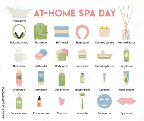 At-home spa day infographic. Illustrations of beauty cosmetic products for skin care. Home spa concept, self-care ritual, home treatment and wellness lifestyle. Hand drawn vector illustration