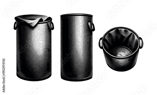 Laundry Basket ? realistic tall laundry hamper with cylindrical form and vertical proportions. Black and white dot style with halftone texture and high