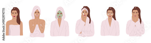 Set of portraits of woman with facial skin care routine from removing make up to cream. Home spa concept, self-care ritual, home facial treatment and wellness lifestyle. Hand drawn illustration