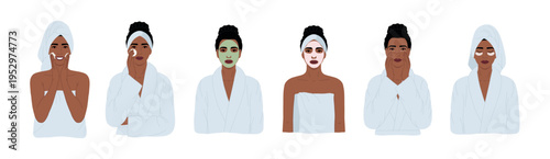 Set of portraits of black woman with facial skin care routine. Home spa concept, self-care ritual, home facial treatment and wellness lifestyle. Hand drawn illustration