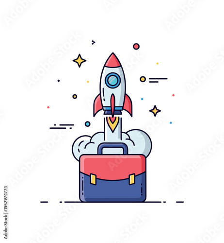Entrepreneurial leap concept with a small rocket launching from a briefcase base. The image conveys bold moves, independence, and starting a new professional
