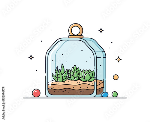 Minimalist home greenhouse idea built around a compact glass terrarium with small succulents inside, expressing controlled environment and decorative greenery.