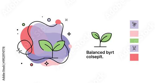 Organic shapes in branding concept featuring abstract flowing blobs paired with a small sprout icon and balanced typography block, expressing softness,