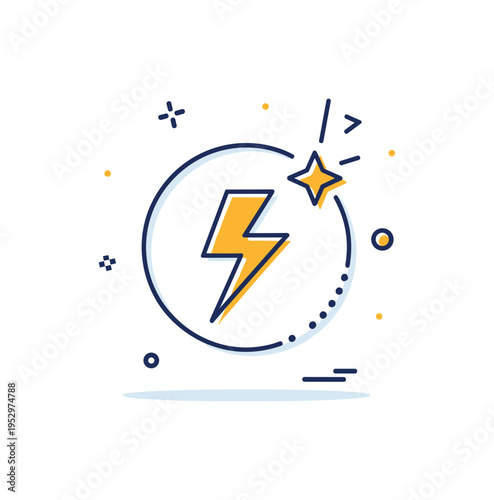 Solution breakthrough moment concept illustrated by a simple lightning bolt striking through a circular outline with a small star accent, symbolizing sudden