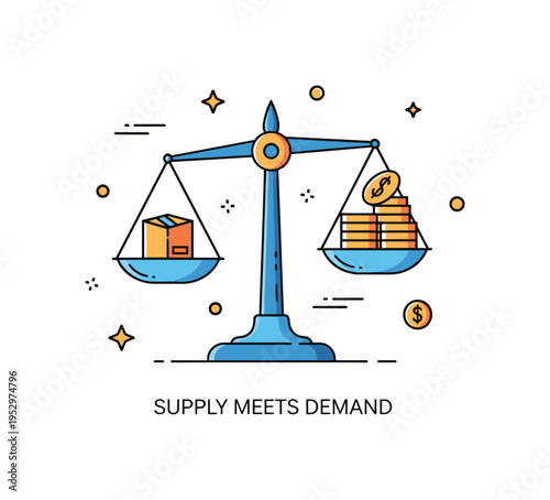 Market equilibrium balanced supply and demand concept illustrated by a classic scale with a small box icon on one side and a coin stack on the other. The