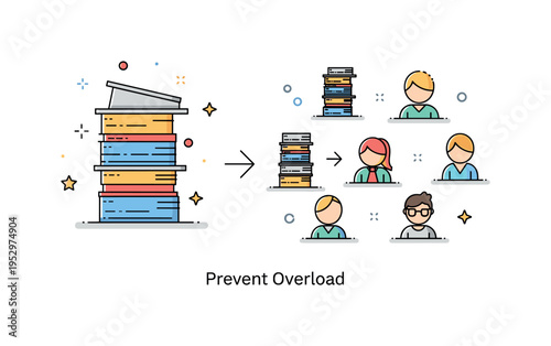 Healthy delegation avoiding burnout concept shown as a single overloaded task stack transforming into evenly distributed smaller stacks across multiple team