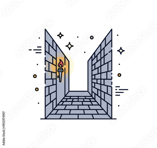Fantasy dungeon corridor scene featuring a narrow stone hallway with simple brick texture lines and a soft torchlight accent, symbolizing adventure and