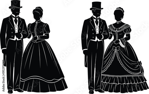 Victorian era couple silhouettes featuring man in top hat and woman in vintage ball gown cad drawing flat vector illustration flavector.