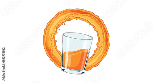 An illustration of a glass with orange liquid and a donut shape in the background
