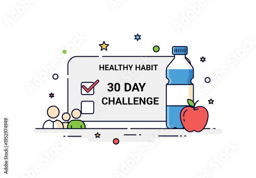 Healthy habit tracker central checklist labeled Day Challenge with water bottle and apple icons nearby, symbolizing group commitment to balanced lifestyle