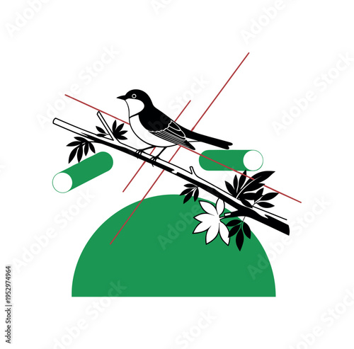 Black and white image of bird perched on branch with surrounding foliage, bold green semicircle grounding lower composition for ecological stability, thin red