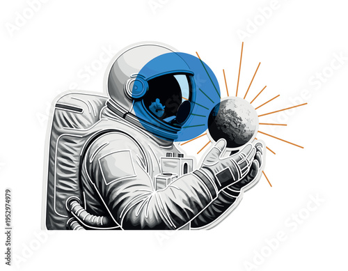 Black and white astronaut holding a small abstract planet sphere, bright electric blue circle overlapping the helmet, thin orange radial lines emanating from