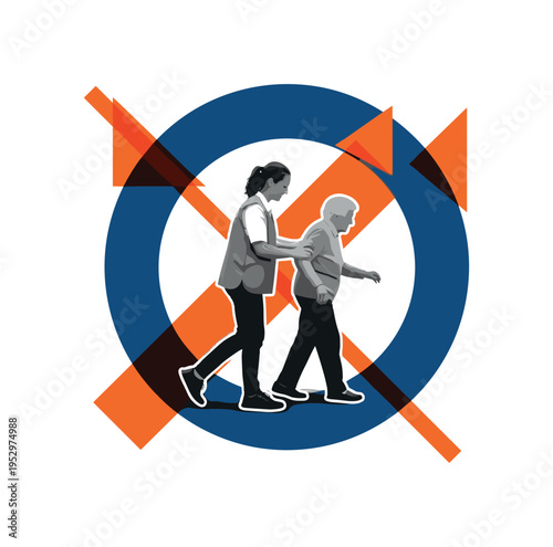 Black and white volunteer helping an elderly person walk, oversized deep blue circular ring enclosing the figures, vivid orange geometric shapes intersecting