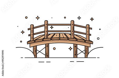 Old wooden bridge simple plank bridge with visible support beams and tiny sparkle accents, symbolizing tradition, craftsmanship, and timeless rural landscapes.