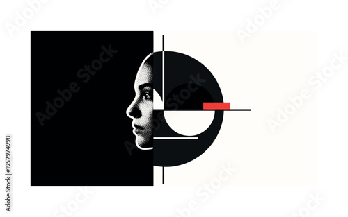 Black and white portrait emerging from deep black shadow, bold matte black circular backdrop intersected by sharp white semicircles and thin linear accents,