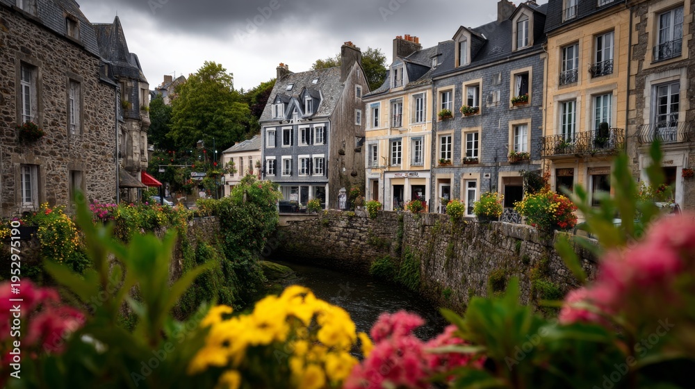 Fototapeta premium Charming riverside houses and vibrant flowers capture a picturesque scene. Enjoy the delightful blend of nature and architecture. Perfect for travel and lifestyle inspiration. AI