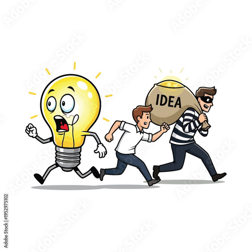A lightbulb chasing down a thief with a bag labeled idea