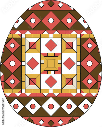 Wallpaper Mural Easter egg design, circular geometric pattern, brown base, red, white, yellow elements, central square motif, diamonds and stripes, symmetrical balanced layout Torontodigital.ca