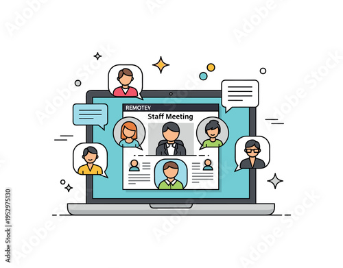 Remote staff meeting displayed on a laptop screen with multiple participant icons symbolizing virtual collaboration and hybrid work culture. Small speech