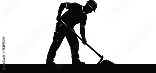 Silhouette illustration of construction worker wearing hard hat and using shovel to move dirt or gravel, symbolizing manual labor, infrastructure development, and building industry