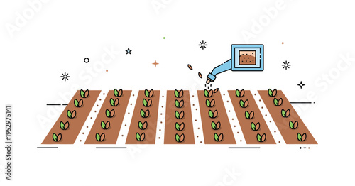 Agricultural sowing process featuring evenly spaced soil rows with small seeds aligned in pattern, symbolizing planning and sustainable farming practices. The