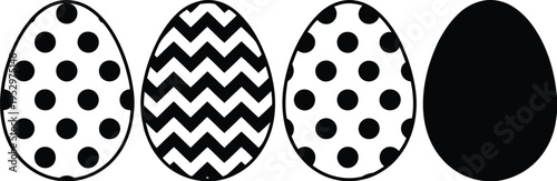 Wallpaper Mural Easter egg pattern, black and white geometric design, four horizontal eggs, polka dots, chevron, solid fill, decorative repeating border, clean crisp lines Torontodigital.ca