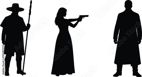 Silhouette illustration of diverse characters including shepherd with staff, woman aiming handgun, and mysterious figure in coat, representing narrative contrast of history, drama, and authority