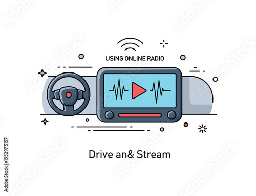 Using online radio car streaming concept showing a simplified dashboard display with a play icon and subtle sound wave lines, representing connected driving