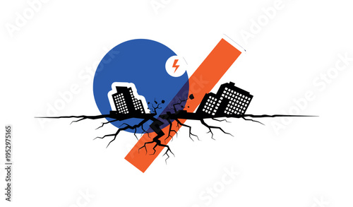 Black and white cracked ground and broken building silhouette, large cobalt blue circle positioned behind the fracture line, bold orange rectangular block