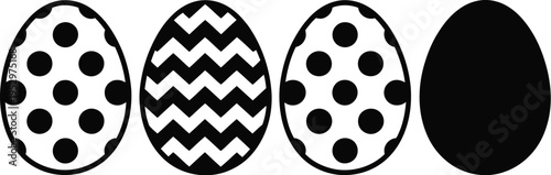 Wallpaper Mural Easter egg pattern, horizontal arrangement of four decorative eggs, black and white, polka dot and zigzag designs, solid black egg, minimalist style Torontodigital.ca
