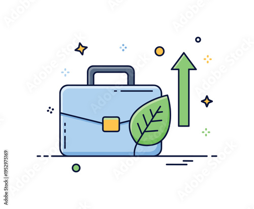 Eco conscious business productivity illustrated by a briefcase paired with a leaf symbol and upward arrow, symbolizing responsible growth, sustainable goals,