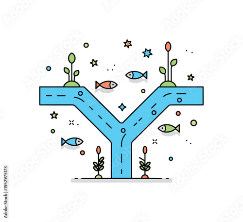 River delta habitat branching streams forming a simple geometric pattern with small fish and water plants, expressing rich ecological networks and natural