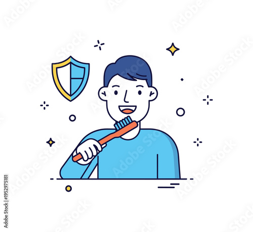 Brushing teeth dentist visit preparation idea illustrated by a smiling character brushing while a small shield icon appears nearby. A reassuring editorial