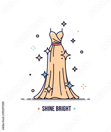 Glittering fashion radiant evening gown silhouette with subtle star shaped sparkles surrounding the fabric, expressing luxury, confidence, and red carpet