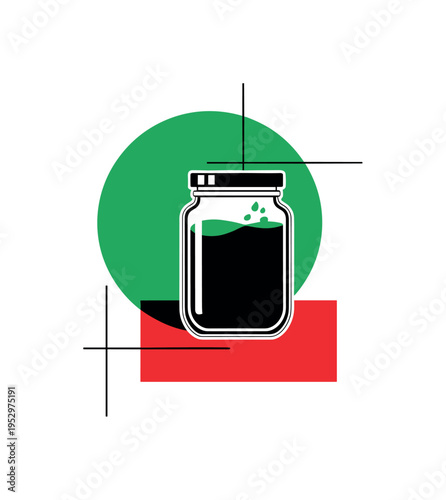 Black and white glass jar filled with pesto sauce, bold green circle directly behind the jar for emphasis, sharp red geometric block at the base, thin linear