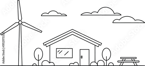 Modern house illustration, thin black line art, residential home with triangular roof, wind turbine, trees, bushes, picnic bench, minimalist balanced horizontal layout
