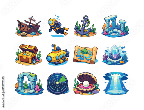 Underwater discovery. Colorful isometric vector icons set of Underwater discovery: sunken shipwreck, deep sea diver, ancient anchor, coral ruins, treasure