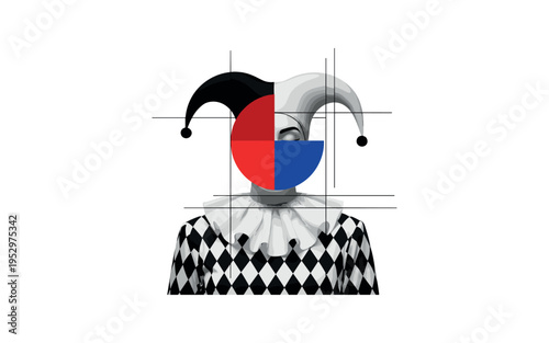 black and white harlequin costume with diamond pattern rendered in grayscale, face partially obscured by abstract red and blue semicircles, thin black grid