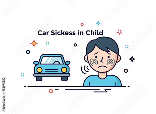 Car sickness in child concept featuring a small car icon and a child silhouette with a pale face tone and subtle swirl marks, expressing travel discomfort. A