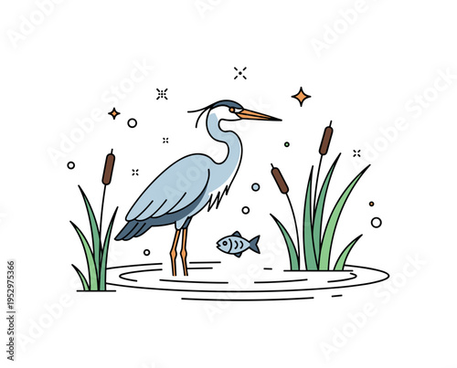 Wetland fauna ecosystem shown by a heron standing in shallow water with reeds and a small fish, symbolizing delicate balance of marsh habitats. A clean