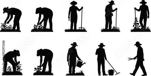 Silhouette illustration of gardener performing planting, watering, pruning, and tool use in outdoor garden setting, representing horticulture, rural lifestyle, and gardening activities