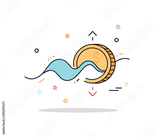 Economic growth and contraction cycle illustrated by a smooth wave graph passing through a coin silhouette with subtle up and down markers. The composition