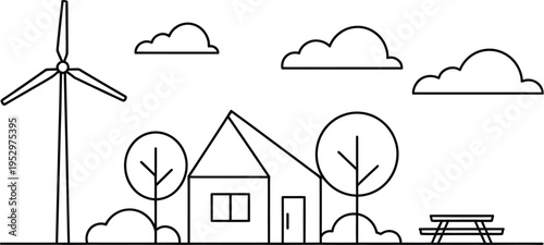 Modern house illustration, minimalist line drawing, triangular roof, wind turbine, decorative trees and bushes, picnic bench, fluffy clouds, clean black lines, white background