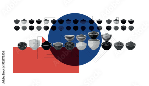 Black and white spice bowls arranged in rhythmic pattern, oversized deep blue circular halo centered behind the strongest shape, terracotta red angular block